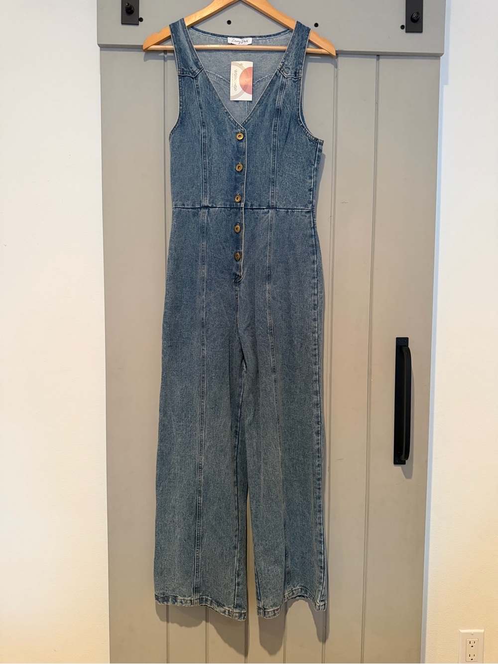 emory park Light Blue Denim Button-Front Wide-Leg Jumpsuit